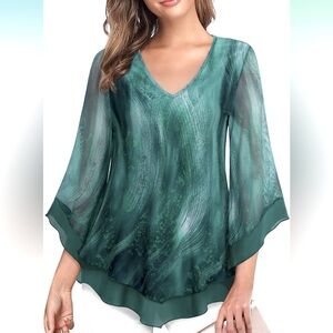 NWT Lotusmile Double Layer Mesh Tunic Top With 3/4 Flared Sleeve, Size X Large